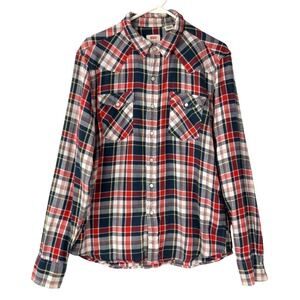 Levis Red White Blue Plaid Western Flannel L Snap Button Collar Long Sleeve Yoke